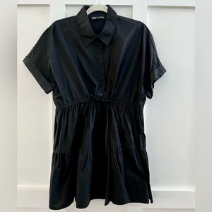 Zara Black Tie Waist Tiered Mini Shirt Dress Large